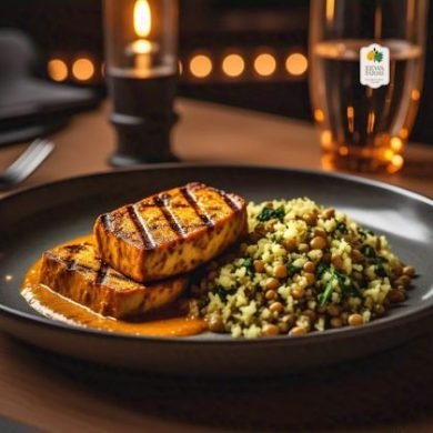Grilled Korma Tofu Steaks with Lentil & Spinach Cauliflower Rice